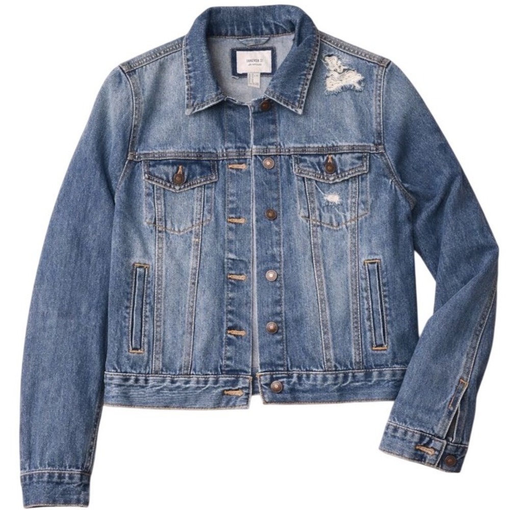Forever 21 Cropped Denim Jacket Women Blue Distressed Size M‎